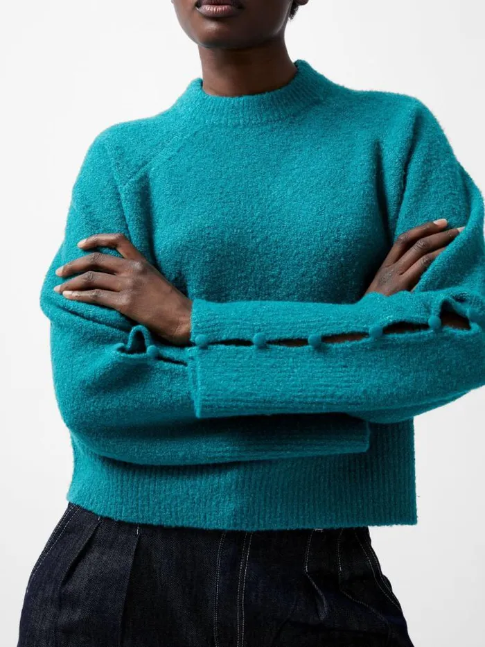 French Connection Melissa Boucle Button Detail Sleeve Jumper Dark Teal Women Jumpers and Cardigans