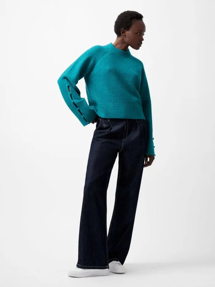 French Connection Melissa Boucle Button Detail Sleeve Jumper Dark Teal Women Jumpers and Cardigans