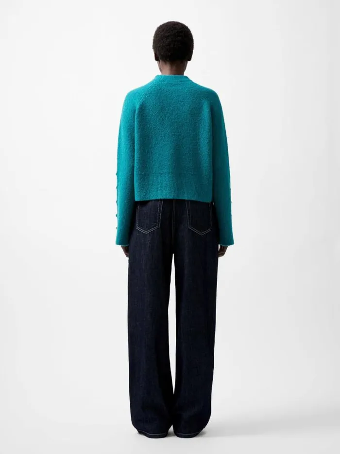 French Connection Melissa Boucle Button Detail Sleeve Jumper Dark Teal Women Jumpers and Cardigans