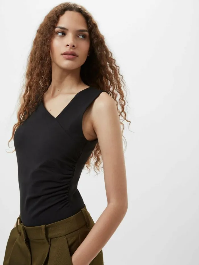 French Connection Rallie Gathered Asymmetric Bodysuit Black Women Tops