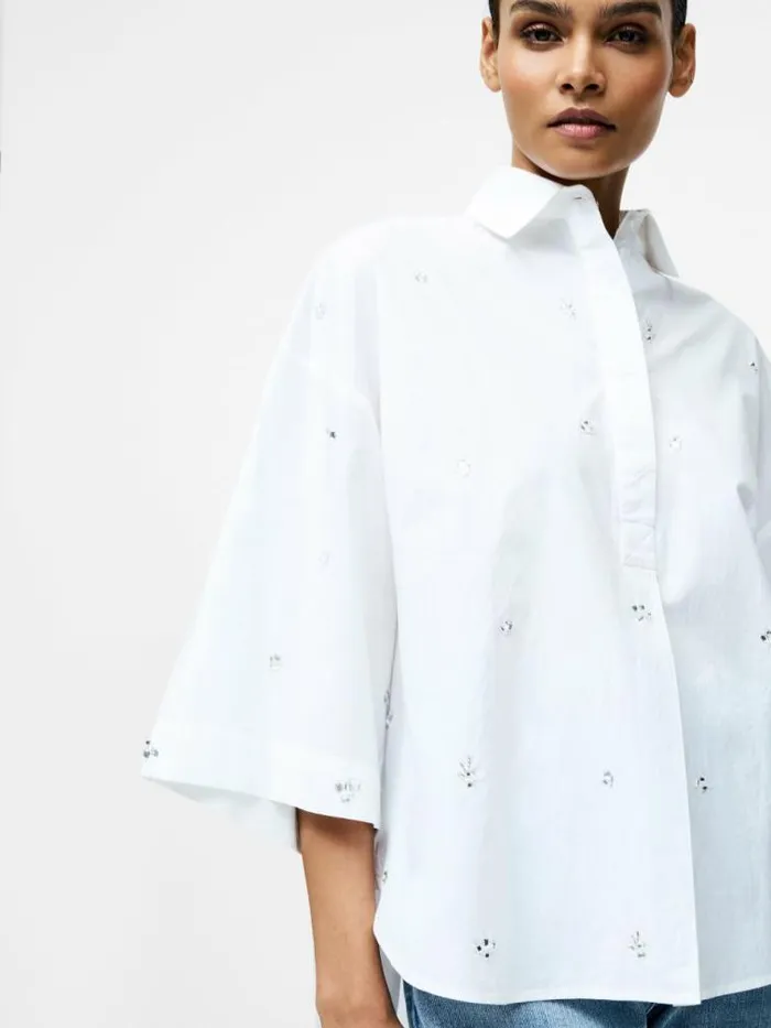 French Connection Rhinestone Poplin Popover Shirt Linen White Women Tops