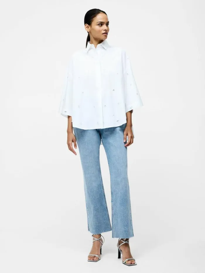 French Connection Rhinestone Poplin Popover Shirt Linen White Women Tops