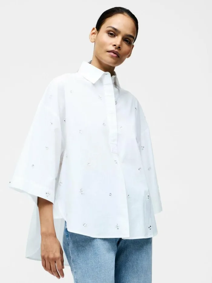French Connection Rhinestone Poplin Popover Shirt Linen White Women Tops