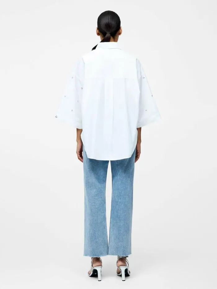 French Connection Rhinestone Poplin Popover Shirt Linen White Women Tops