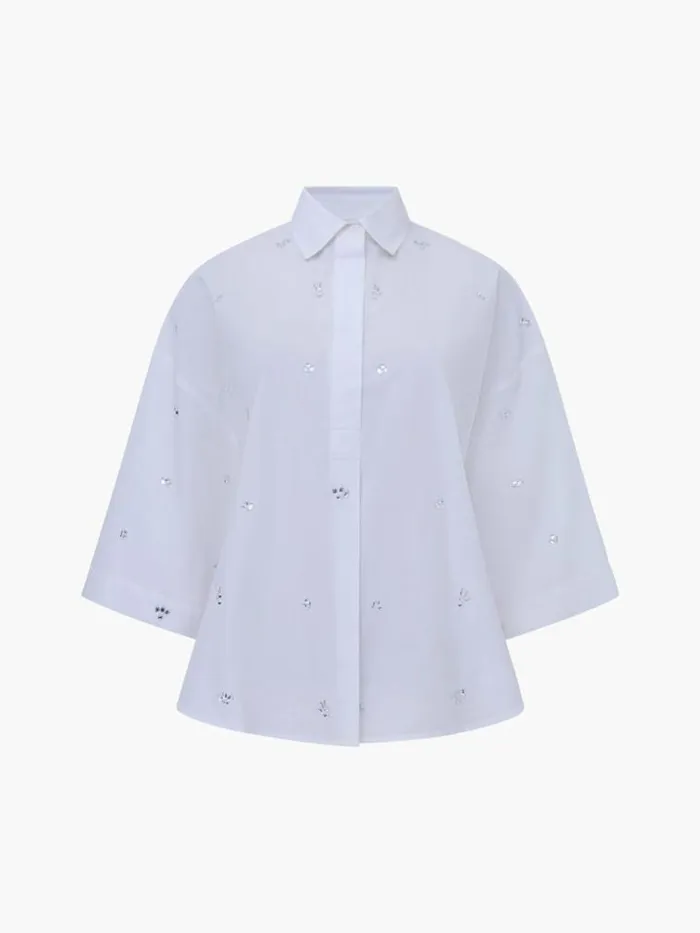French Connection Rhinestone Poplin Popover Shirt Linen White Women Tops