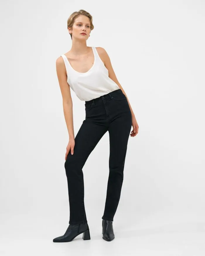 French Connection Stretch Denim Cigarette Fit High Waisted Jeans 34 Inch Black Women Trousers