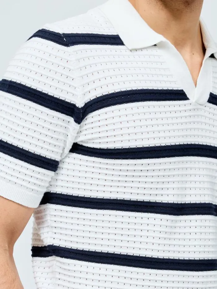 French Connection Striped Textured Trophy Neck Shirt Ecrunavy Men Knitwear