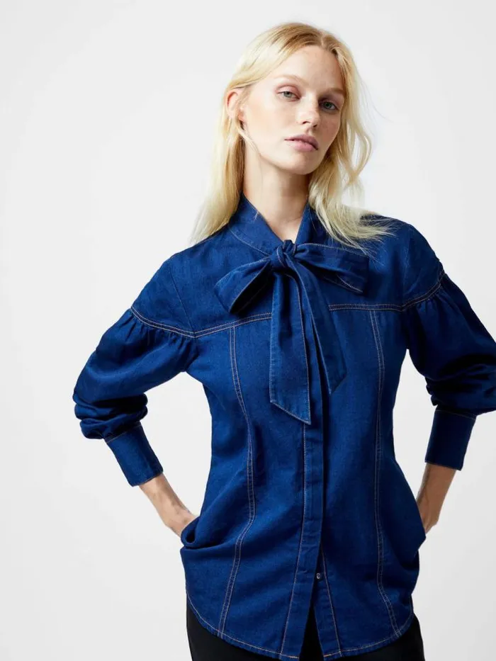 French Connection Zaves Chambray Tie Neck Button Up Shirt Clean Indigo Women Tops French Connection Zaves Chambray Tie Neck Button Up Shirt Clean Indigo Women Tops