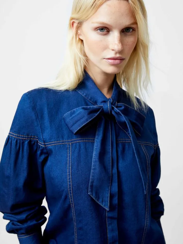 French Connection Zaves Chambray Tie Neck Button Up Shirt Clean Indigo Women Tops