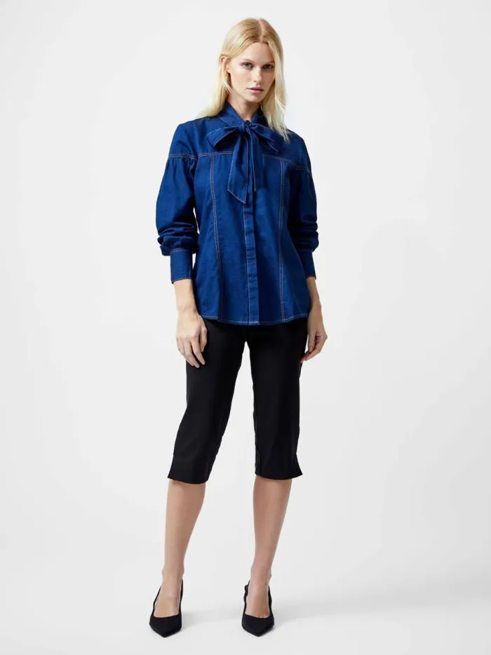 French Connection Zaves Chambray Tie Neck Button Up Shirt Clean Indigo Women Tops