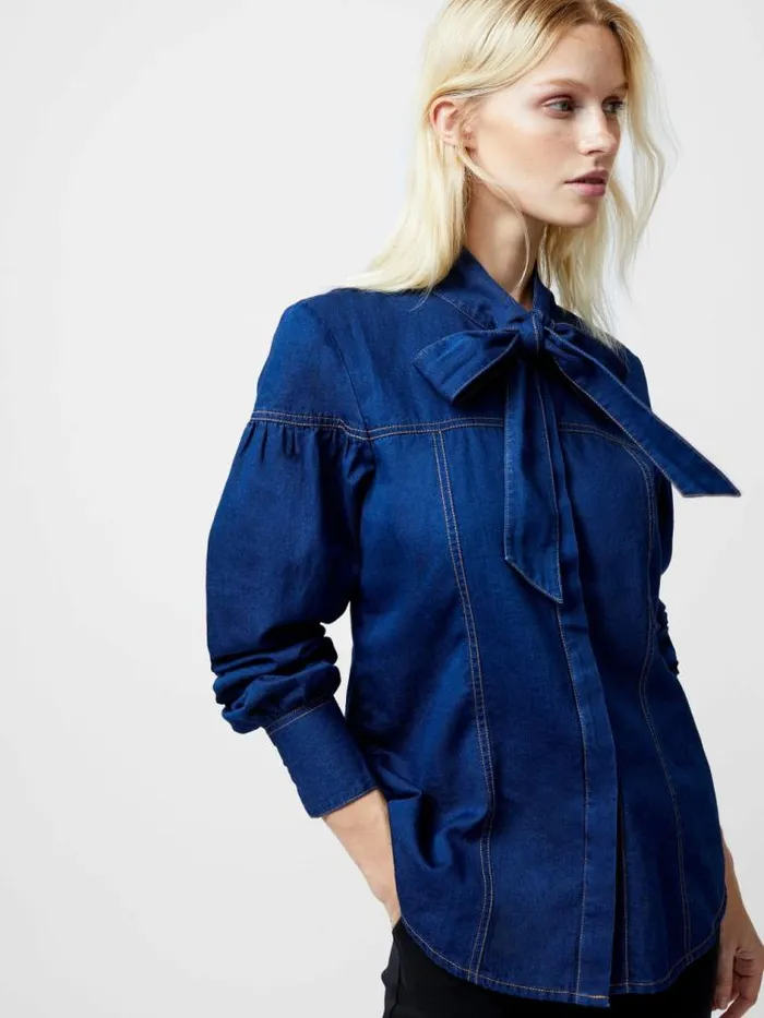 French Connection Zaves Chambray Tie Neck Button Up Shirt Clean Indigo Women Tops
