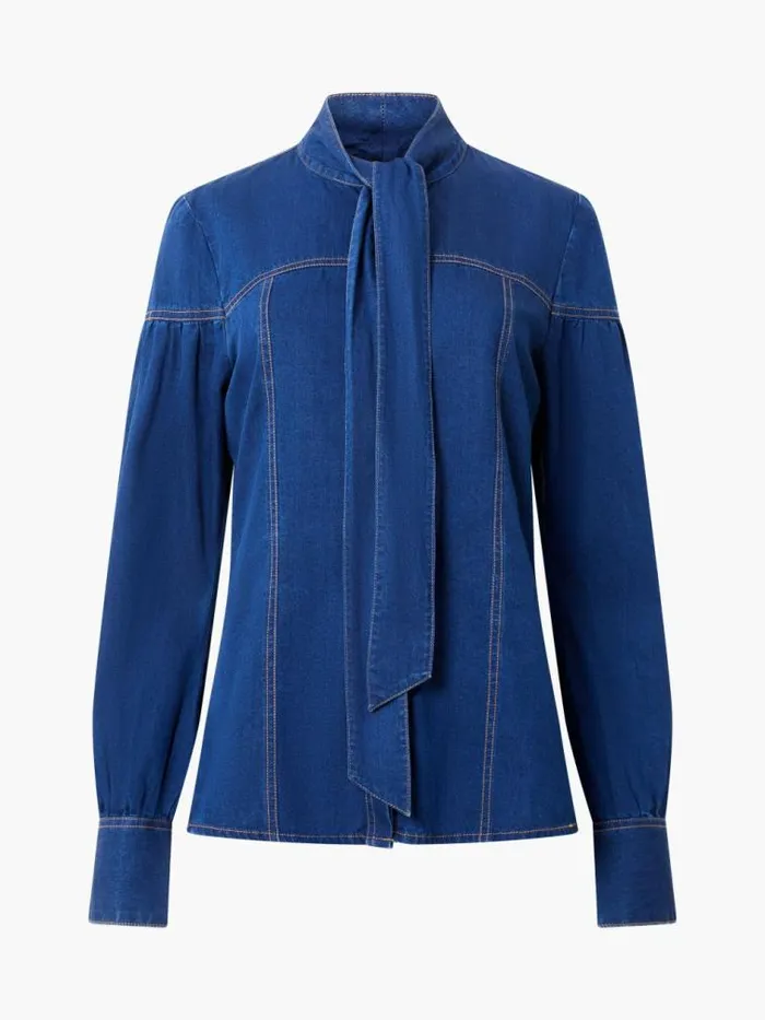 French Connection Zaves Chambray Tie Neck Button Up Shirt Clean Indigo Women Tops