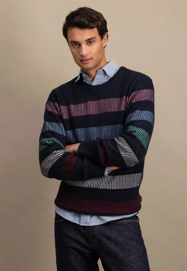 FYNCHHATTON Cotton Mix Sweater With Strip Patterns Navy Men Sweater