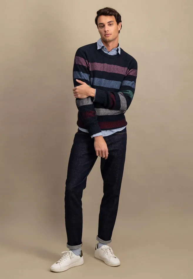 FYNCHHATTON Cotton Mix Sweater With Strip Patterns Navy Men Sweater