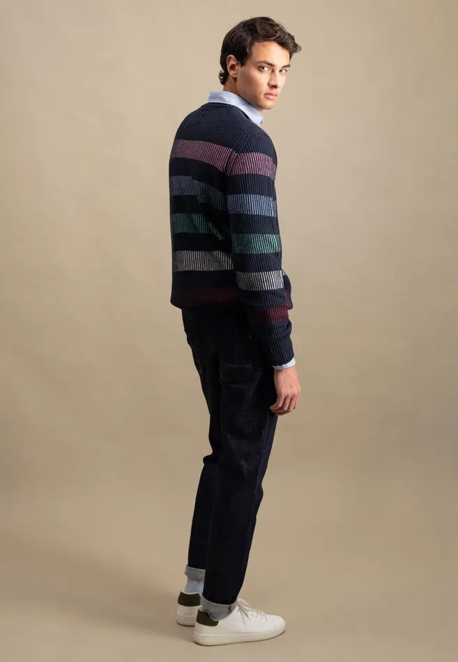 FYNCHHATTON Cotton Mix Sweater With Strip Patterns Navy Men Sweater