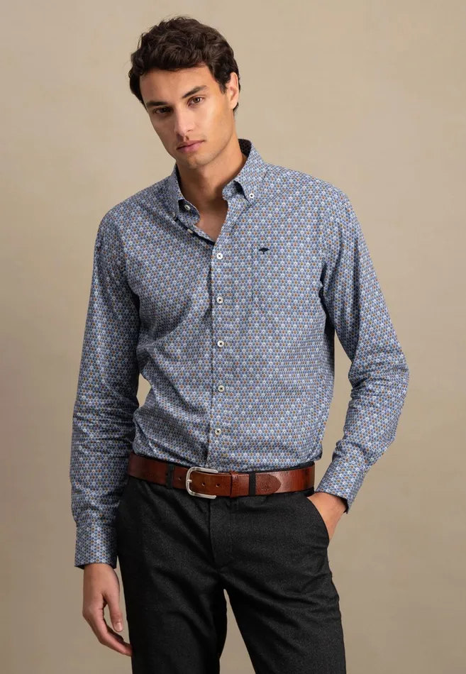 FYNCHHATTON Cotton Shirt With Minimal Print Cloud Bluesoft Bluedark Teal Men Shirts