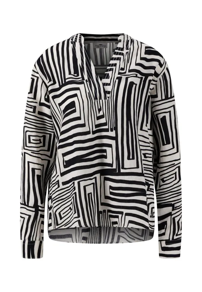 FYNCHHATTON Linen Blouse With Graphics Pattern Black Women Blouses