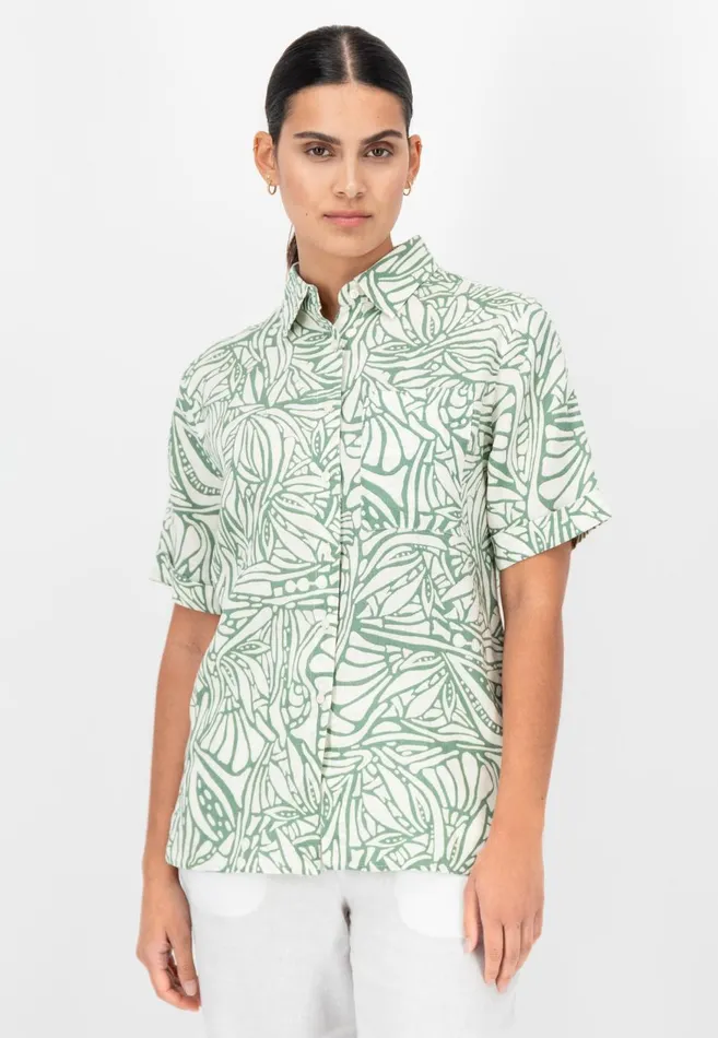 FYNCHHATTON Short Arm Linen Blouse With Botanical Pattern Safari Beigereed Green Women Sale FYNCHHATTON Short Arm Linen Blouse With Botanical Pattern Safari Beigereed Green Women Sale