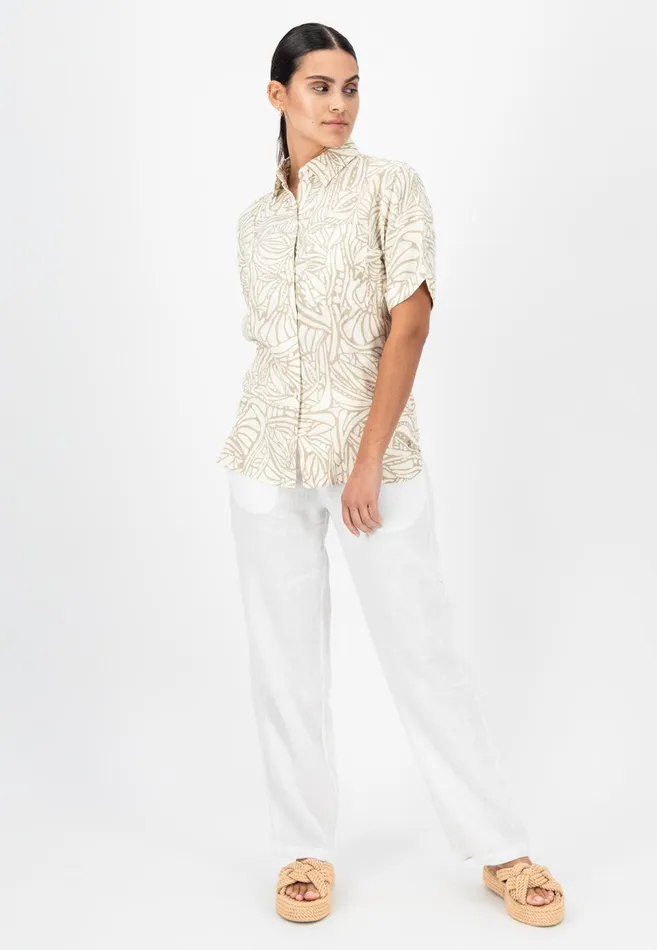 FYNCHHATTON Short Arm Linen Blouse With Botanical Pattern Safari Beigereed Green Women Sale FYNCHHATTON Short Arm Linen Blouse With Botanical Pattern Safari Beigereed Green Women Sale