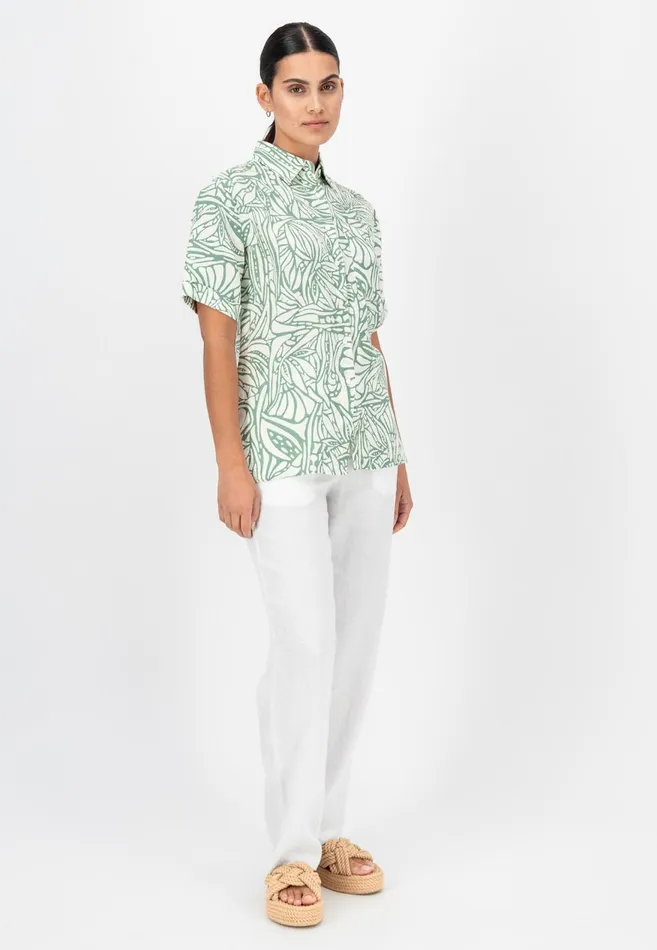 FYNCHHATTON Short Arm Linen Blouse With Botanical Pattern Safari Beigereed Green Women Sale FYNCHHATTON Short Arm Linen Blouse With Botanical Pattern Safari Beigereed Green Women Sale