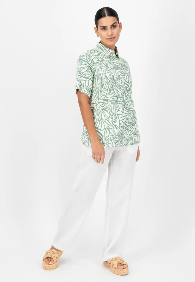 FYNCHHATTON Short Arm Linen Blouse With Botanical Pattern Safari Beigereed Green Women Sale FYNCHHATTON Short Arm Linen Blouse With Botanical Pattern Safari Beigereed Green Women Sale
