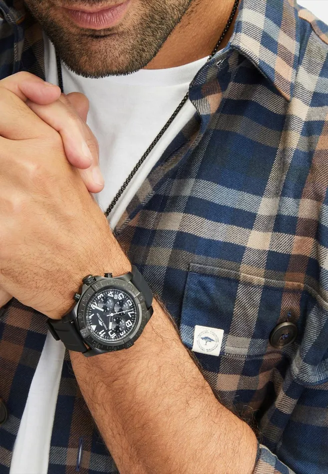 FYNCHHATTON Stainless Steel Watch With Chronograph Function And Silicone Strap Black Men Watch