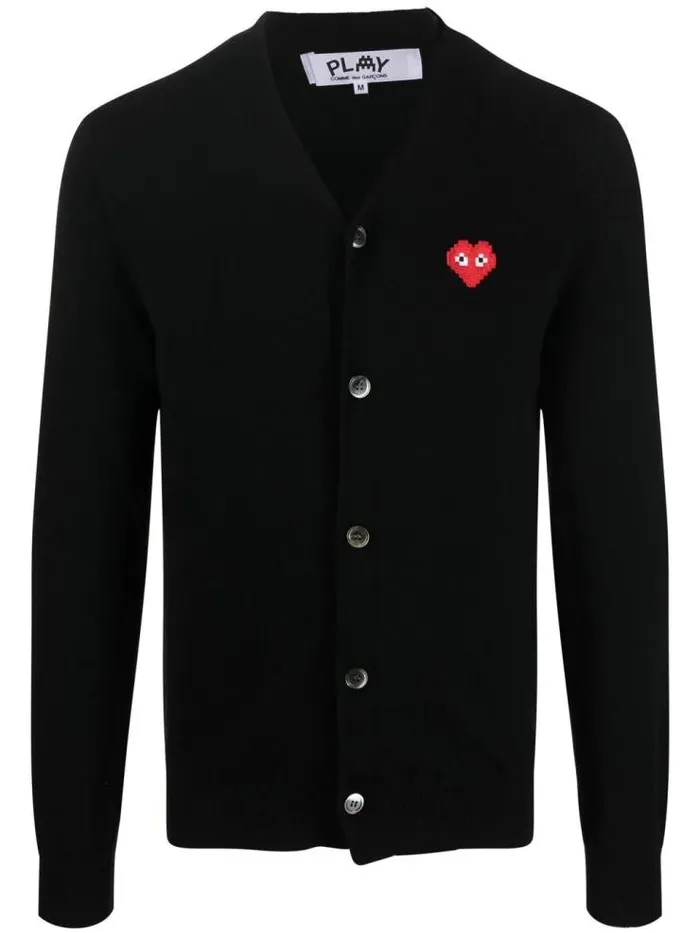 Henrik Vibskov Boutique CDG Play X Invader Mens Black Cardigan 8211 Pixelated Heart Men Knitwear