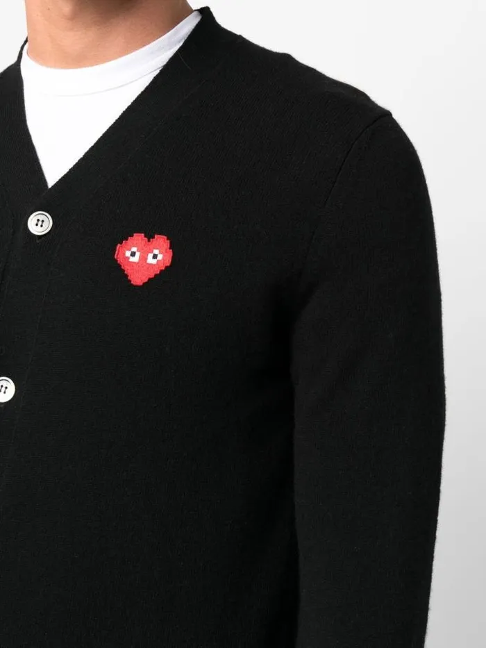 Henrik Vibskov Boutique CDG Play X Invader Mens Black Cardigan 8211 Pixelated Heart Men Knitwear