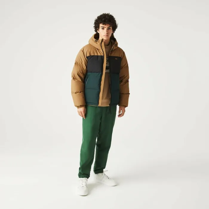 Jackets and Coats Men Lacoste Men039s Quilted Colorblock WaterRepellent Jacket Brown Black Green Tpv