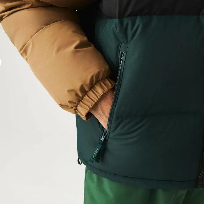Jackets and Coats Men Lacoste Men039s Quilted Colorblock WaterRepellent Jacket Brown Black Green Tpv