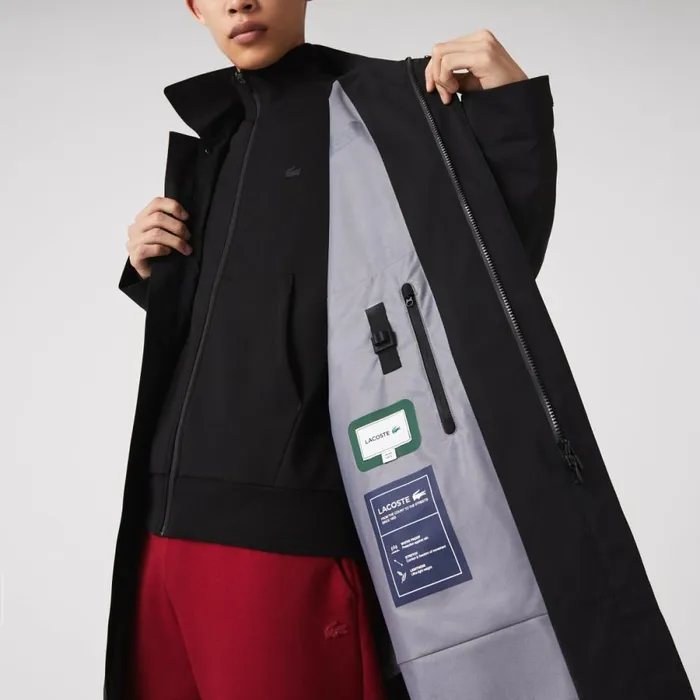 Jackets and Coats Men Lacoste Mens Detachable Hood KneeLength WaterResistant Parka Black 031