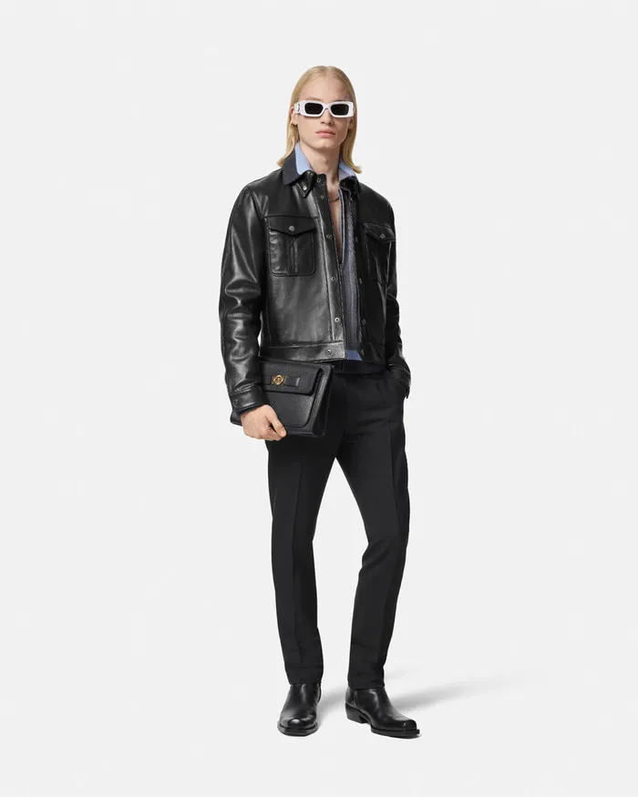 Jackets and Coats Men Versace Leather Blouson Jacket Black