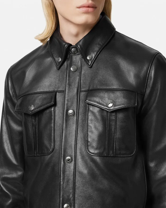 Jackets and Coats Men Versace Leather Blouson Jacket Black