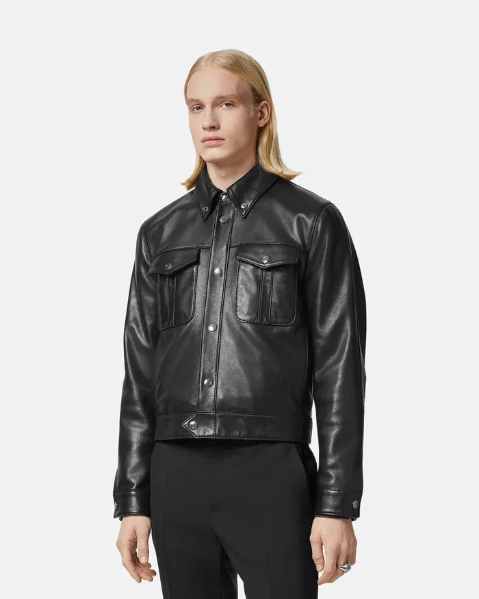 Jackets and Coats Men Versace Leather Blouson Jacket Black