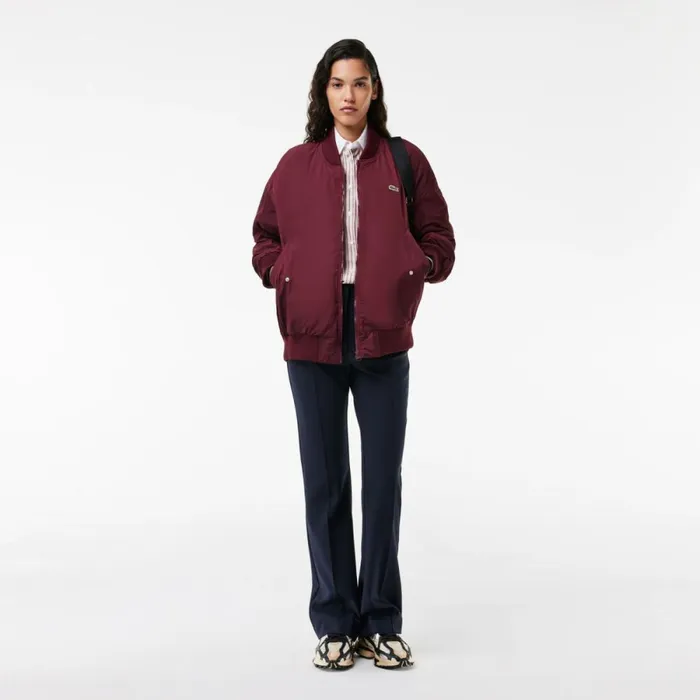 Jackets and Coats Women Lacoste Women039s Oversized Ribbed Cuff Bomber Jacket Bordeaux Ixz