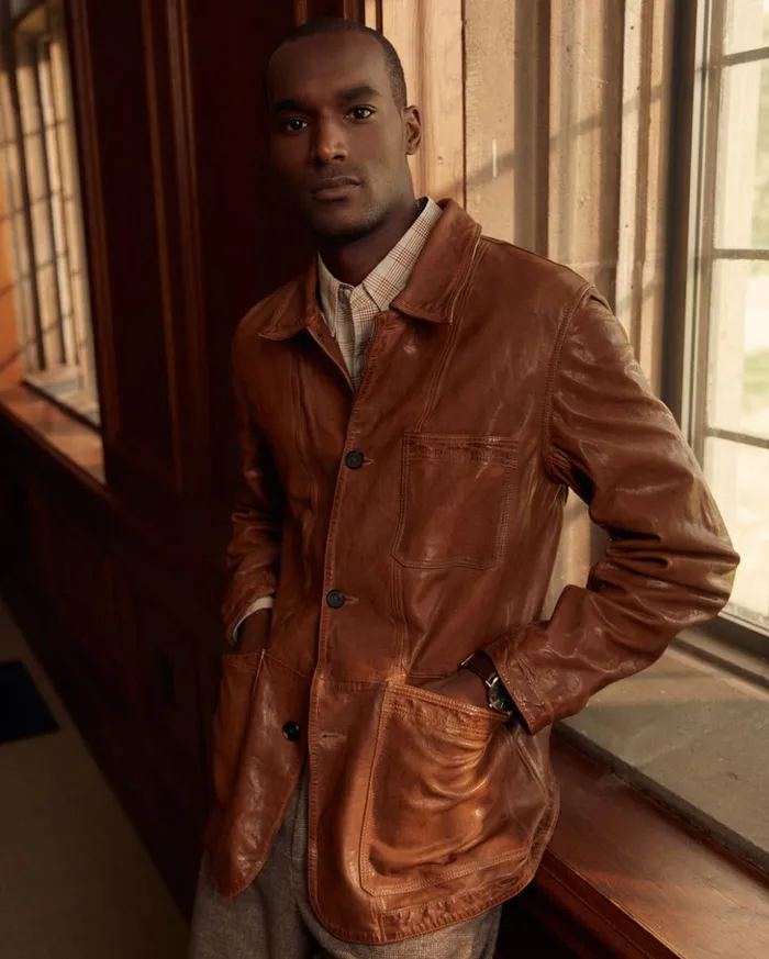 Jackets and Outerwear Men Billy Reid Leather Chore Coat Cognac