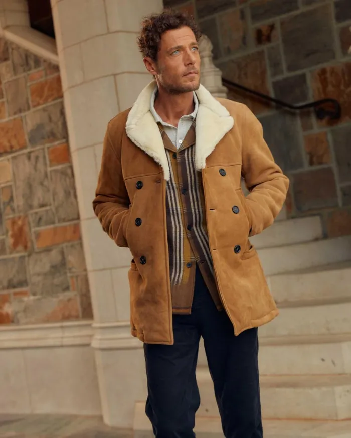 Jackets and Outerwear Men Billy Reid Shearling Bond Peacoat Honey