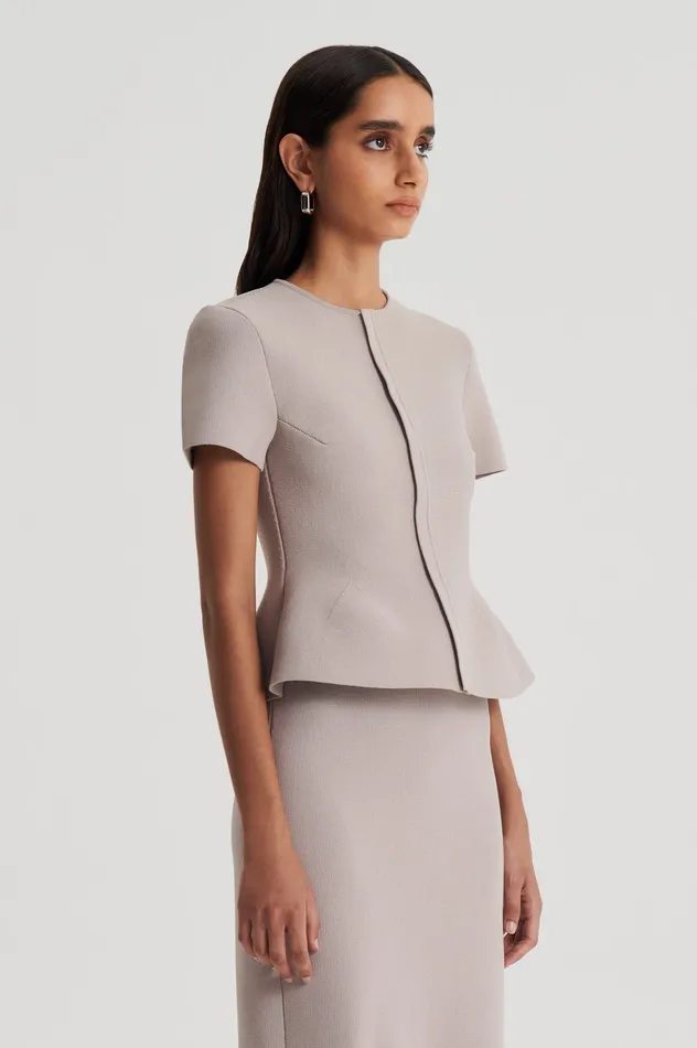 Jackets Women CREPE KNIT SHORT SLEEVE PEPLUM JACKET OYSTER Scanlan Theodore Jackets Women CREPE KNIT SHORT SLEEVE PEPLUM JACKET OYSTER Scanlan Theodore