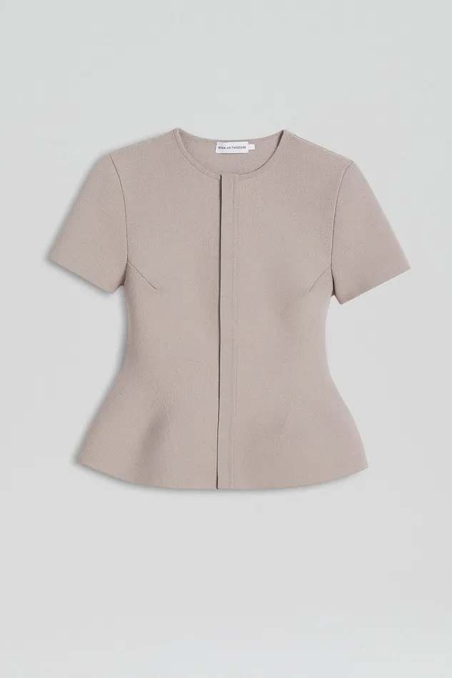 Jackets Women CREPE KNIT SHORT SLEEVE PEPLUM JACKET OYSTER Scanlan Theodore Jackets Women CREPE KNIT SHORT SLEEVE PEPLUM JACKET OYSTER Scanlan Theodore