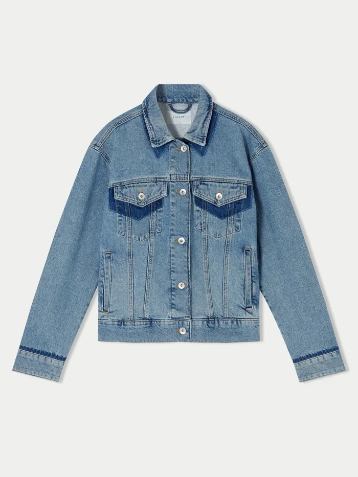 Jigsaw Jackets Women Faded Edge Denim Jacket Blue