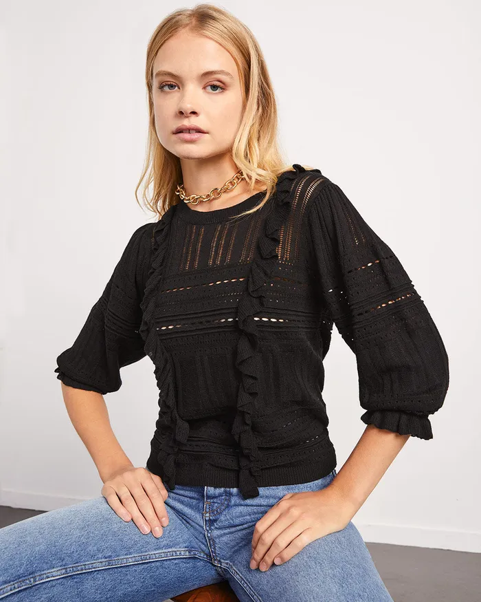 Jigsaw Knitwear and Cashmere Women Lace Frill Knit Jumper Black