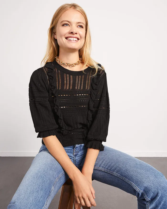 Jigsaw Knitwear and Cashmere Women Lace Frill Knit Jumper Black