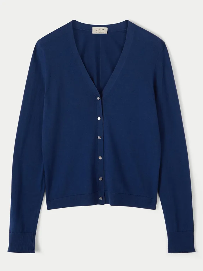 Jigsaw Knitwear and Cashmere Women Merino Cotton Shell Button Cardigan Blue
