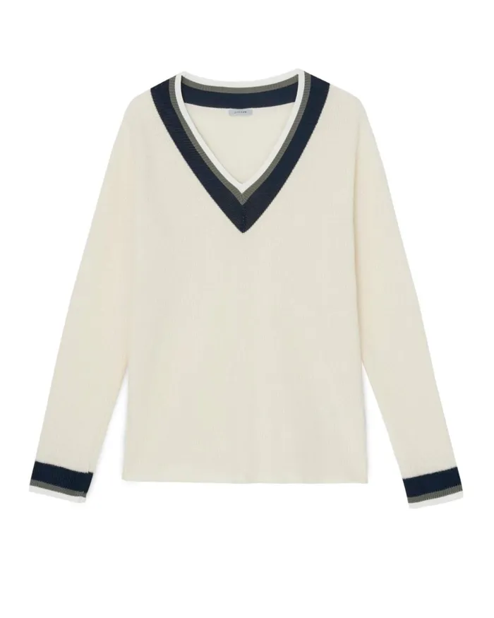 Jigsaw Knitwear and Cashmere Women Varsity Stripe V Neck Jumper Cream