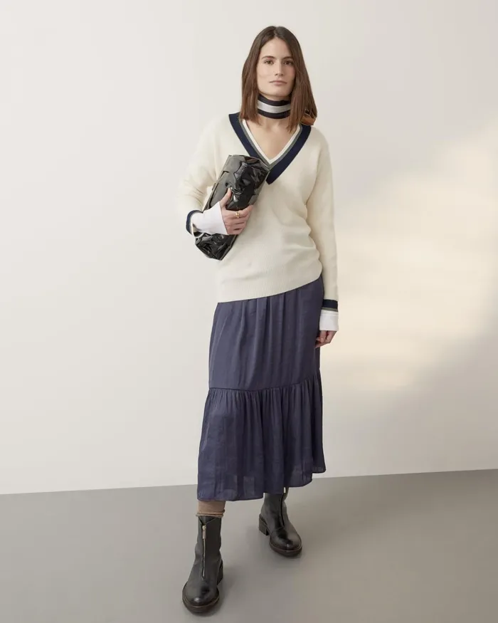 Jigsaw Knitwear and Cashmere Women Varsity Stripe V Neck Jumper Cream