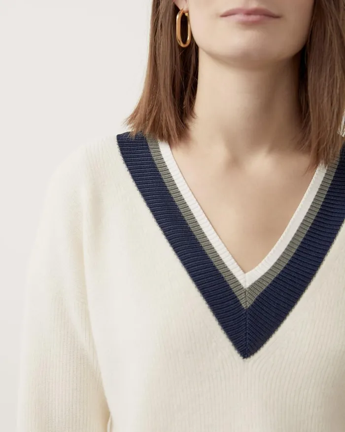 Jigsaw Knitwear and Cashmere Women Varsity Stripe V Neck Jumper Cream