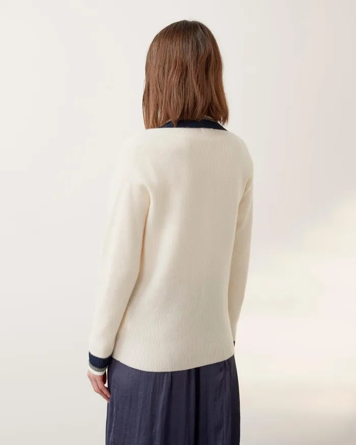 Jigsaw Knitwear and Cashmere Women Varsity Stripe V Neck Jumper Cream