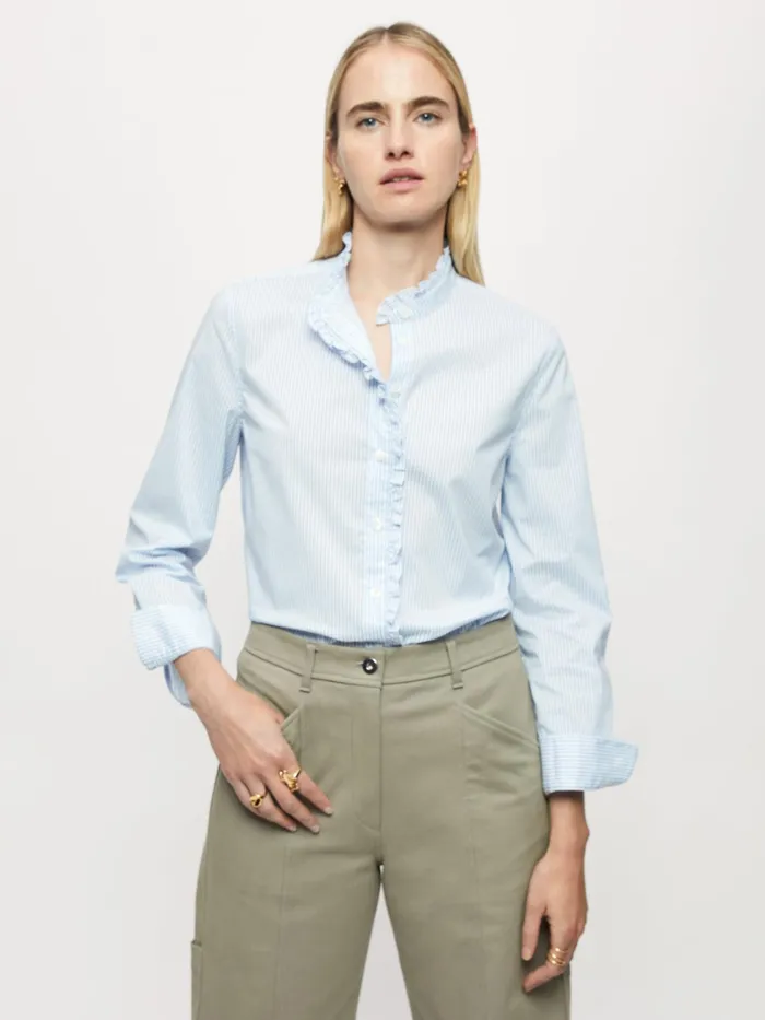 Jigsaw Tops Women Cotton Ruffle Stripe Shirt Blue