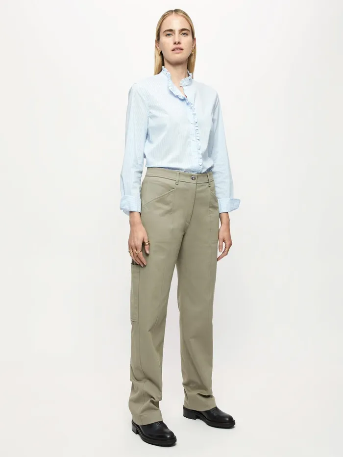 Jigsaw Tops Women Cotton Ruffle Stripe Shirt Blue