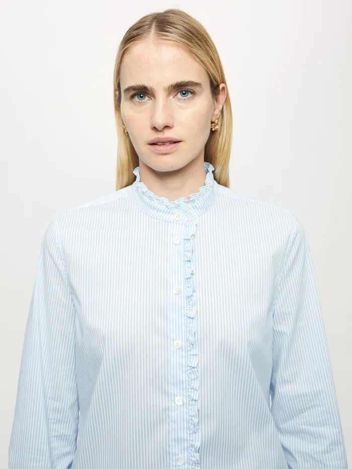 Jigsaw Tops Women Cotton Ruffle Stripe Shirt Blue